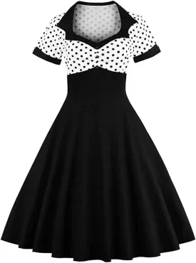 Nihsatin Vintage 1950s Retro Rockabilly Swing Dress Polka Dots Cocktail Dress with Belt