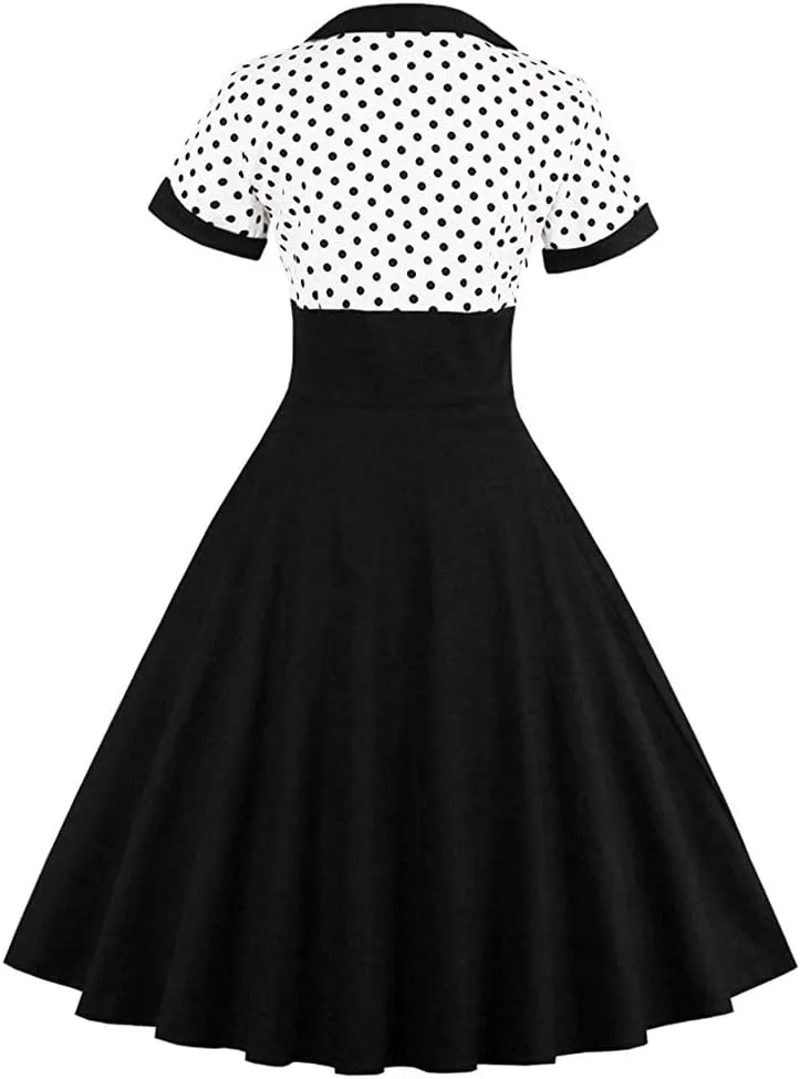 Nihsatin Vintage 1950s Retro Rockabilly Swing Dress Polka Dots Cocktail Dress with Belt