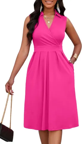 Nmoder Women Summer Dresses Cocktail Midi Dress A-Line Casual Wrap V Neck Sleeveless Pleated Hem Sundress with Pockets