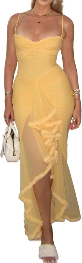 NRTHYE Women Elegant Irregular Ruffles Hem Maxi Dress Mesh Ruched Sleeveless Backless Pleated Long Party Club Dresses