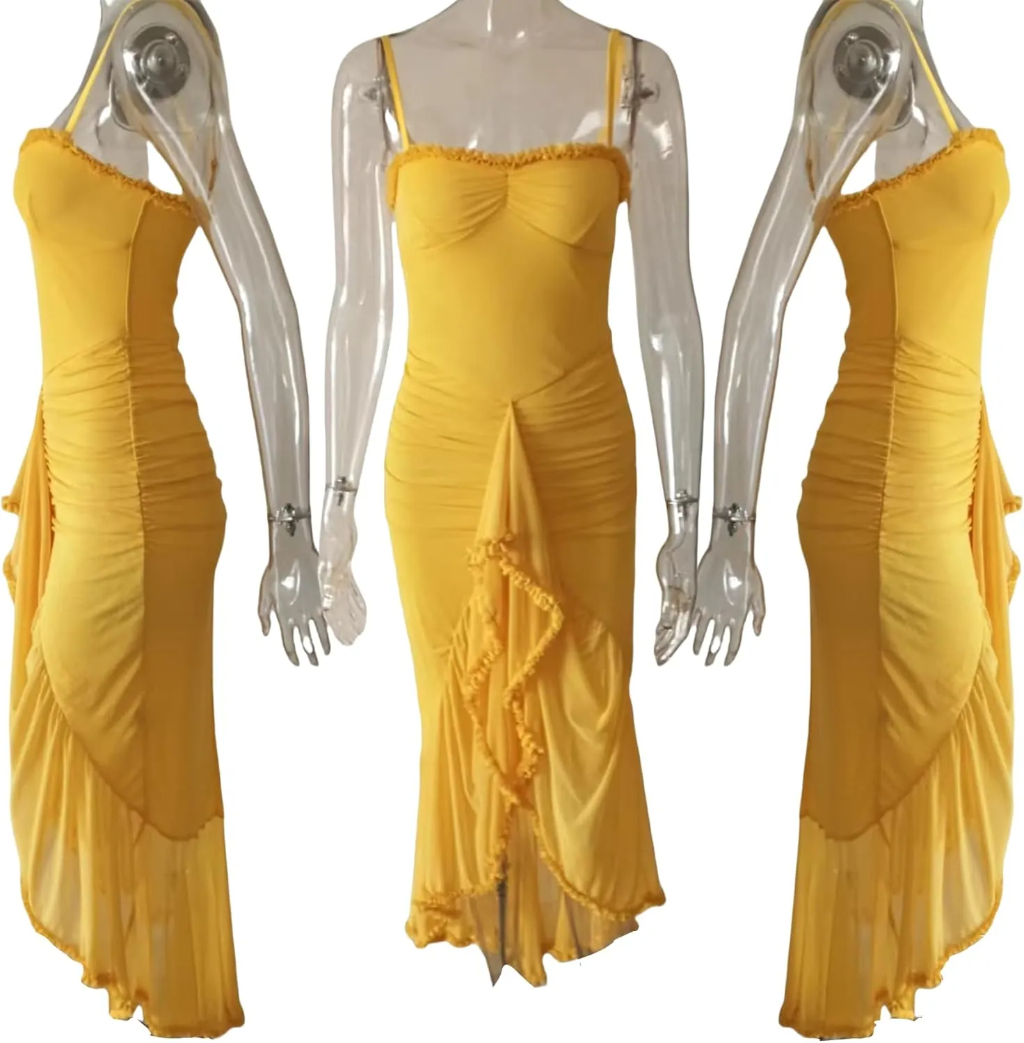 NRTHYE Women Elegant Irregular Ruffles Hem Maxi Dress Mesh Ruched Sleeveless Backless Pleated Long Party Club Dresses