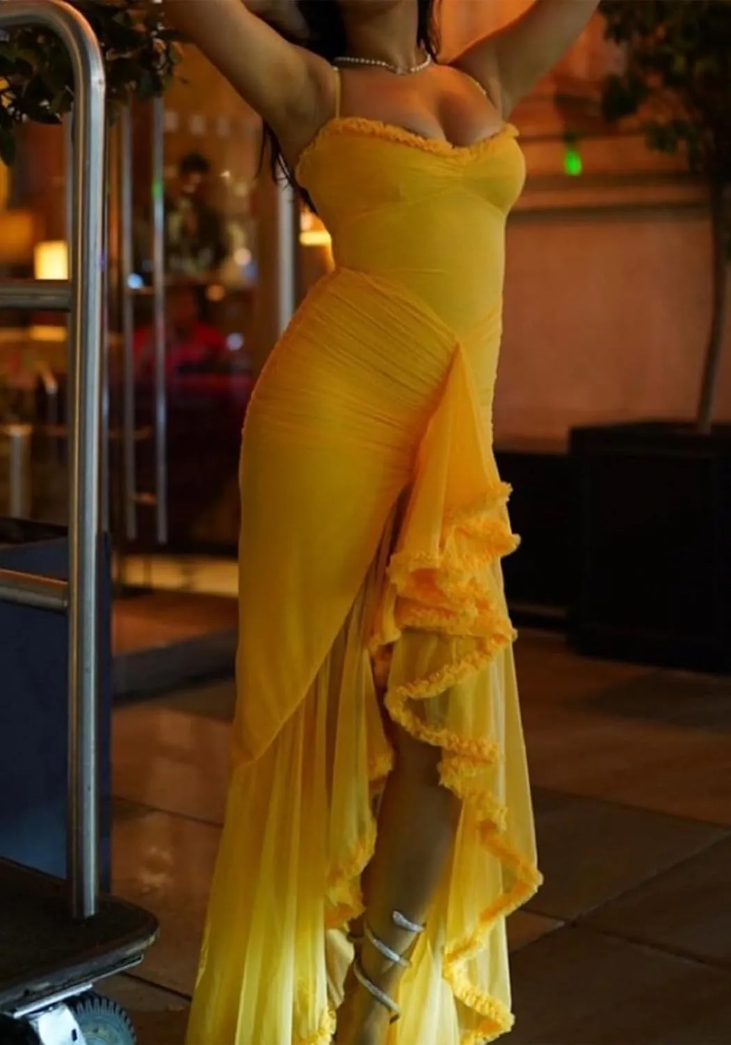 NRTHYE Women Elegant Irregular Ruffles Hem Maxi Dress Mesh Ruched Sleeveless Backless Pleated Long Party Club Dresses