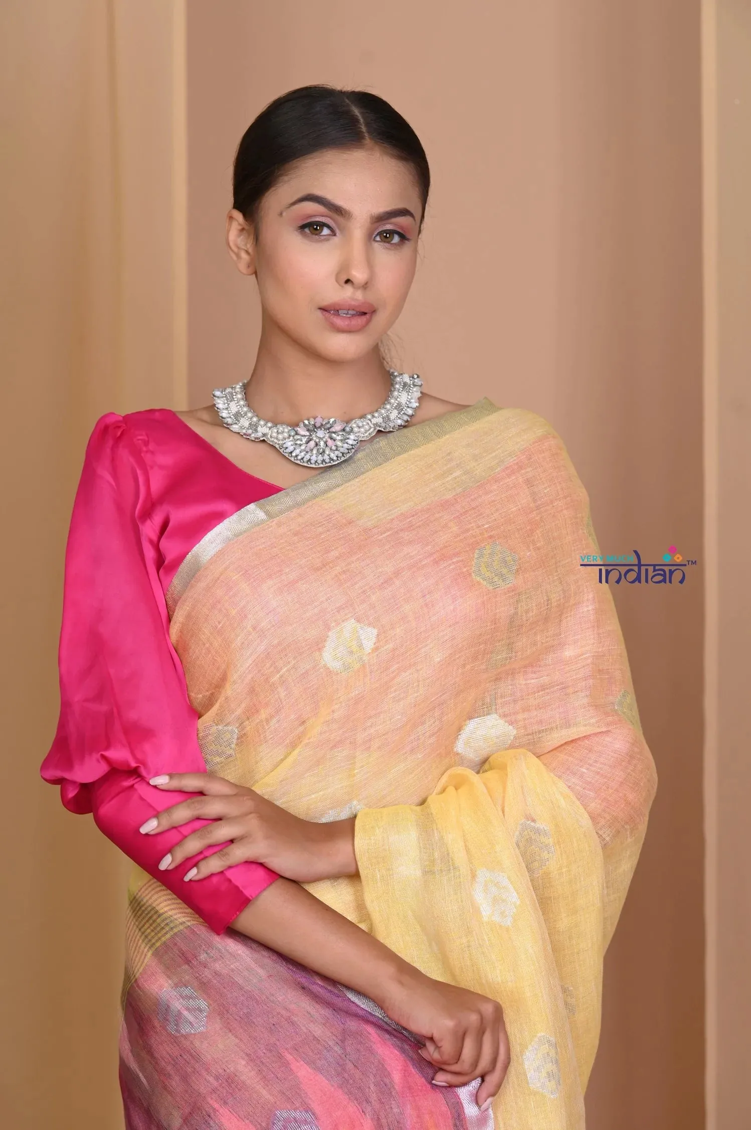 Pehal~ Pale Yellow High Thread Count Organic Linen with SLEEK Border &  Multicolor Ikkat Pallu