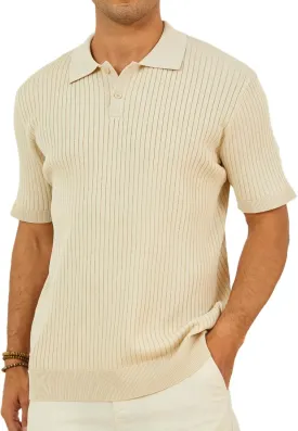 Percle Men's Knit Polo Shirts Casual Golf Polo Short Sleeve Textured V-Neck Summer Vintage Shirts