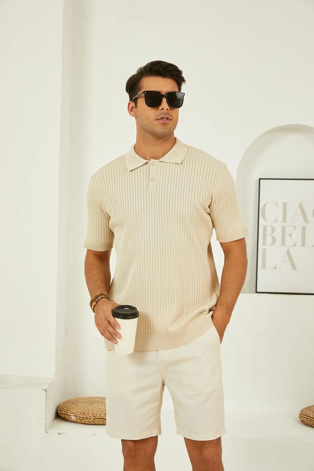 Percle Men's Knit Polo Shirts Casual Golf Polo Short Sleeve Textured V-Neck Summer Vintage Shirts