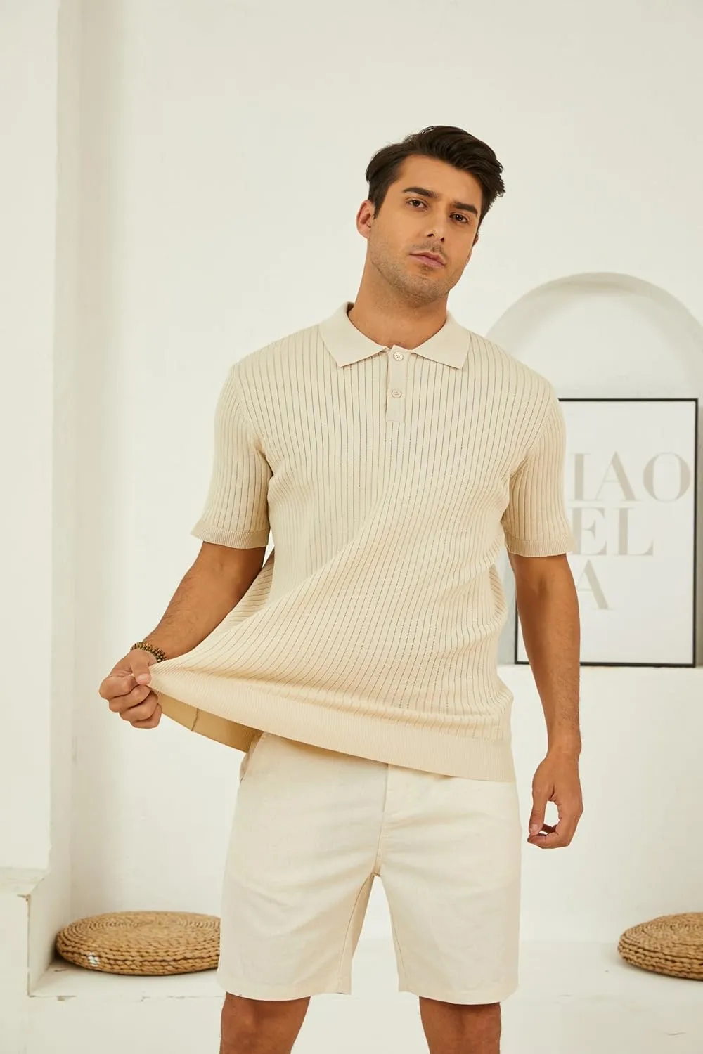 Percle Men's Knit Polo Shirts Casual Golf Polo Short Sleeve Textured V-Neck Summer Vintage Shirts