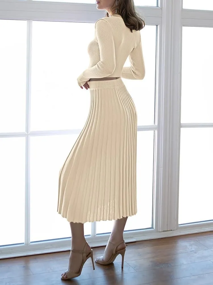 Pink Queen Women's 2 Piece Sweater Outfits Set Long Sleeve Crop Top Ribbed Split Bodycon Midi Long Skirt Knit Dresses
