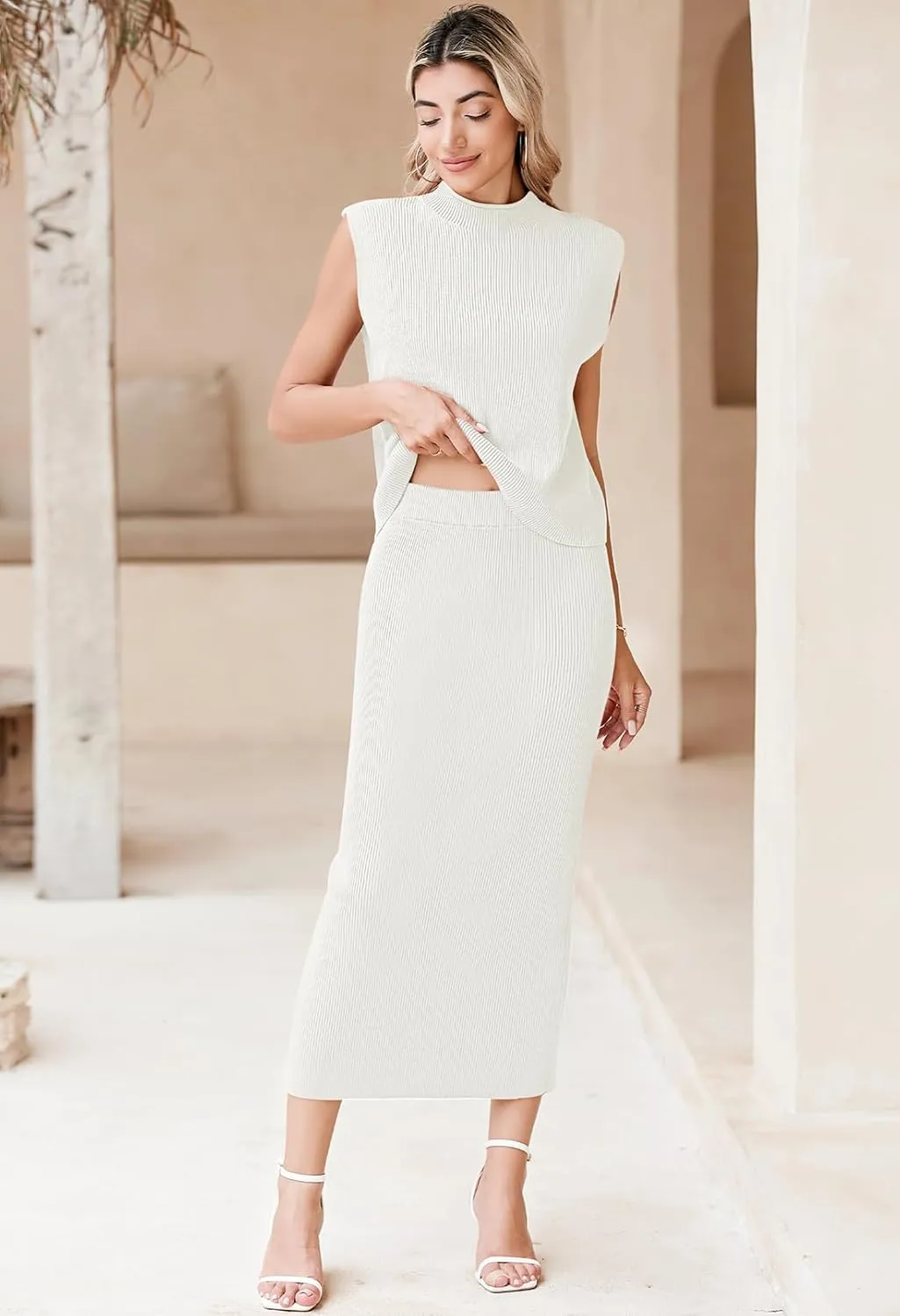 Pink Queen Women's 2 Piece Sweater Outfits Set Sleeveless Crop Top Ribbed Split Bodycon Midi Long Skirt Knit Dresses