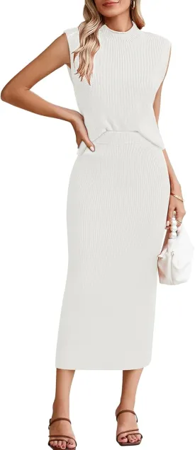 Pink Queen Women's 2 Piece Sweater Outfits Set Sleeveless Crop Top Ribbed Split Bodycon Midi Long Skirt Knit Dresses