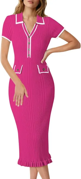 Pink Queen Women's Elegant Bodycon Dress 2025 Short Sleeve V Neck Half Button Cocktail Party Ribbed Knit Long Sweater Dress