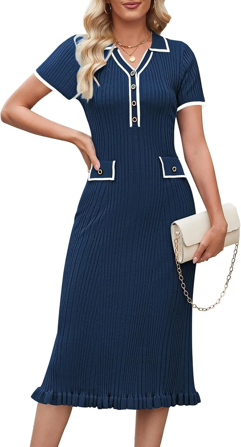 Pink Queen Women's Elegant Bodycon Dress 2025 Short Sleeve V Neck Half Button Cocktail Party Ribbed Knit Long Sweater Dress