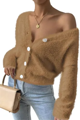 Pink Queen Women's Furry Cropped Cardigan Batwing Sleeves Open Front V-Neck Button Down Loose Casual Knit Sweater Coat