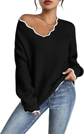 Pink Queen Women's Oversized V Neck Fuzzy Sweaters 2024 Casual Loose Long Sleeve Chunky Knit Pullover Jumper Tops