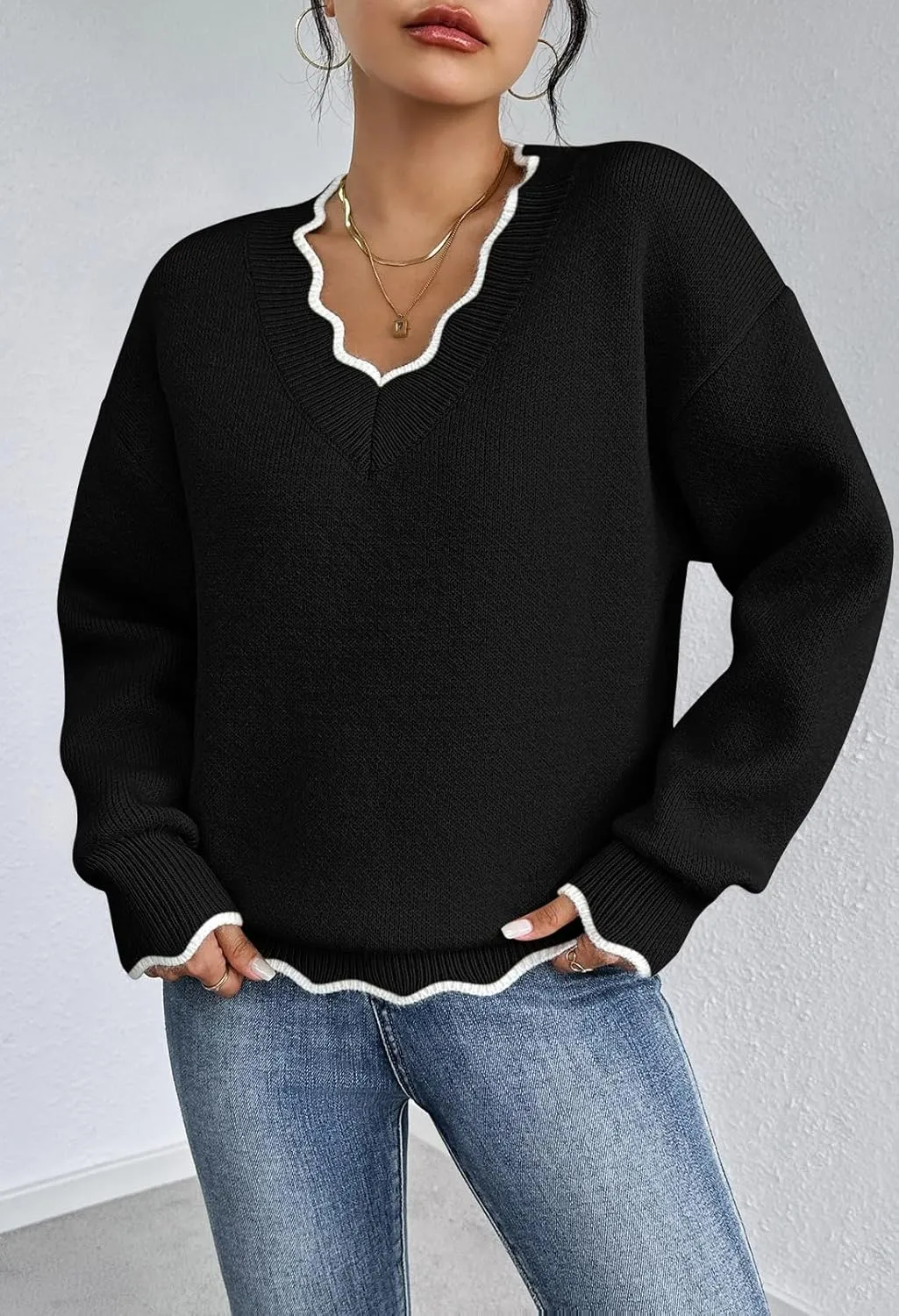 Pink Queen Women's Oversized V Neck Fuzzy Sweaters 2024 Casual Loose Long Sleeve Chunky Knit Pullover Jumper Tops