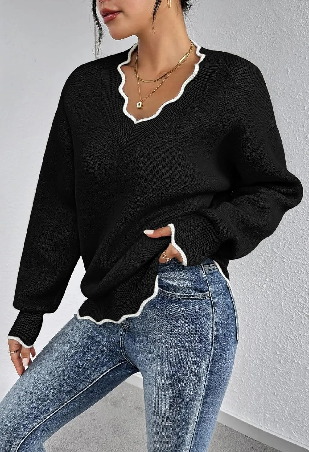 Pink Queen Women's Oversized V Neck Fuzzy Sweaters 2024 Casual Loose Long Sleeve Chunky Knit Pullover Jumper Tops