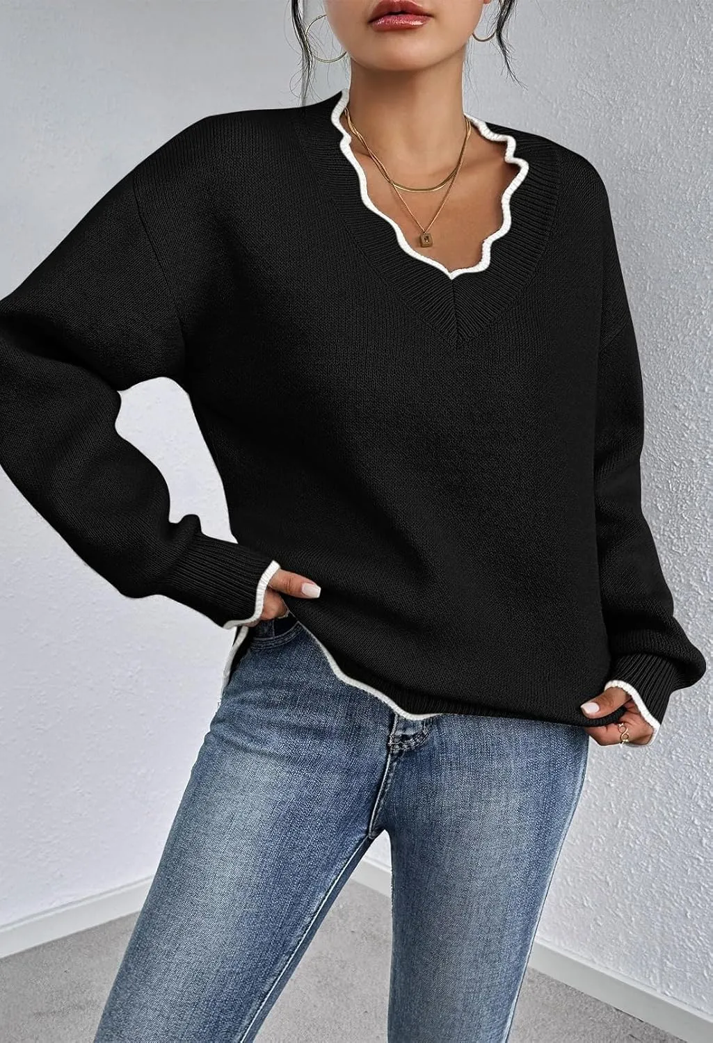 Pink Queen Women's Oversized V Neck Fuzzy Sweaters 2024 Casual Loose Long Sleeve Chunky Knit Pullover Jumper Tops