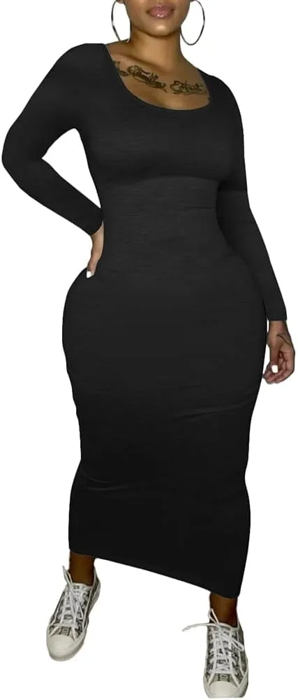 PINSV Women's Bodycon Maxi Dress Basic Scoop Neck Long Sleeve Casual Long wrap Maxi Dresses for Women