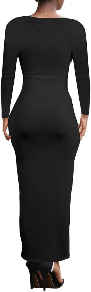 PINSV Women's Bodycon Maxi Dress Basic Scoop Neck Long Sleeve Casual Long wrap Maxi Dresses for Women