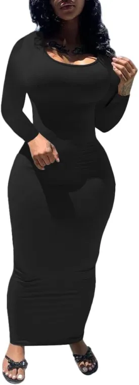 PINSV Women's Bodycon Maxi Dress Basic Scoop Neck Long Sleeve Casual Long wrap Maxi Dresses for Women