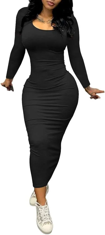 PINSV Women's Bodycon Maxi Dress Basic Scoop Neck Long Sleeve Casual Long wrap Maxi Dresses for Women
