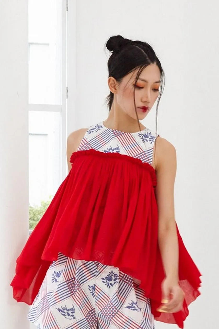 Pre-Order YAN ZI PRINTED COTTON WITH RED GATHERED CHIFFON - COLD SHOULDER TOP WITH GATHERED CHEST SHAWL - MULTI