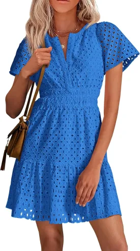 PRETTYGARDEN 2025 Women Summer Short Dress V Neck Short Sleeve A Line Hollow Out Lace Ruffle Cute Casual Beach Party Dresses