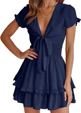 PRETTYGARDEN Women Summer Mini Short Dress 2025 Short Sleeve Casual Beach Vacation Sundress V Neck Tiered Sun Dresses