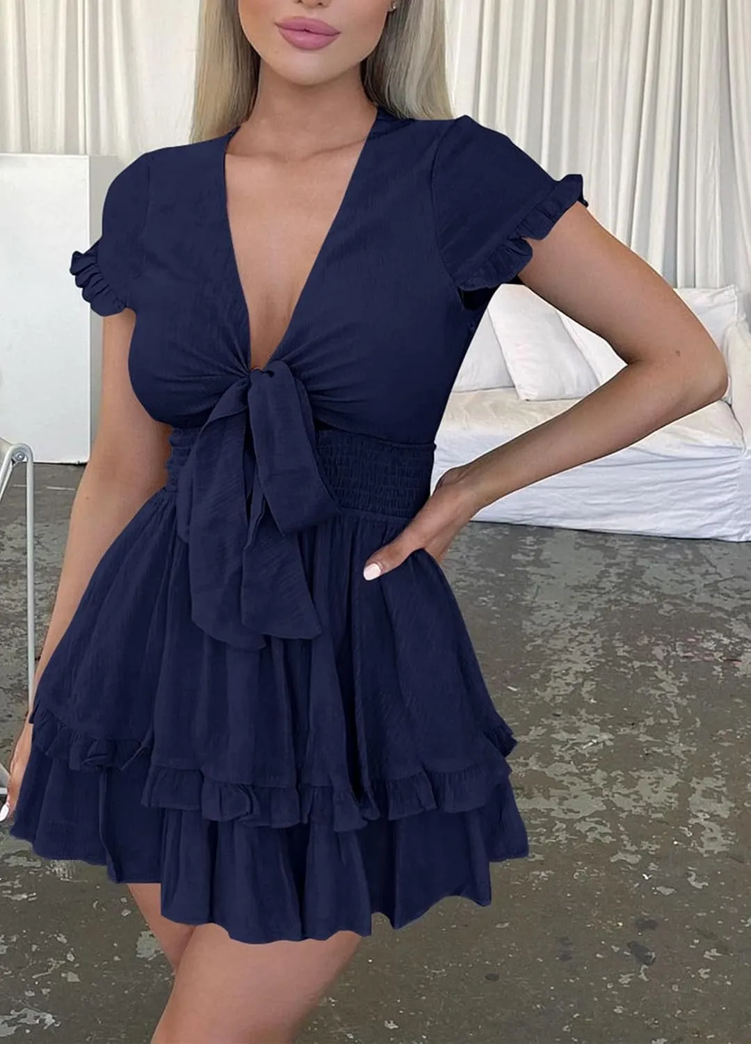 PRETTYGARDEN Women Summer Mini Short Dress 2025 Short Sleeve Casual Beach Vacation Sundress V Neck Tiered Sun Dresses