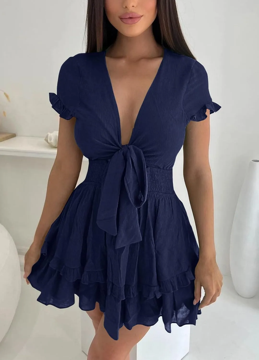 PRETTYGARDEN Women Summer Mini Short Dress 2025 Short Sleeve Casual Beach Vacation Sundress V Neck Tiered Sun Dresses