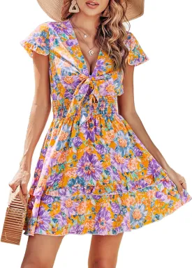 PRETTYGARDEN Women Summer Mini Short Dress 2025 Short Sleeve Casual Beach Vacation Sundress V Neck Tiered Sun Dresses
