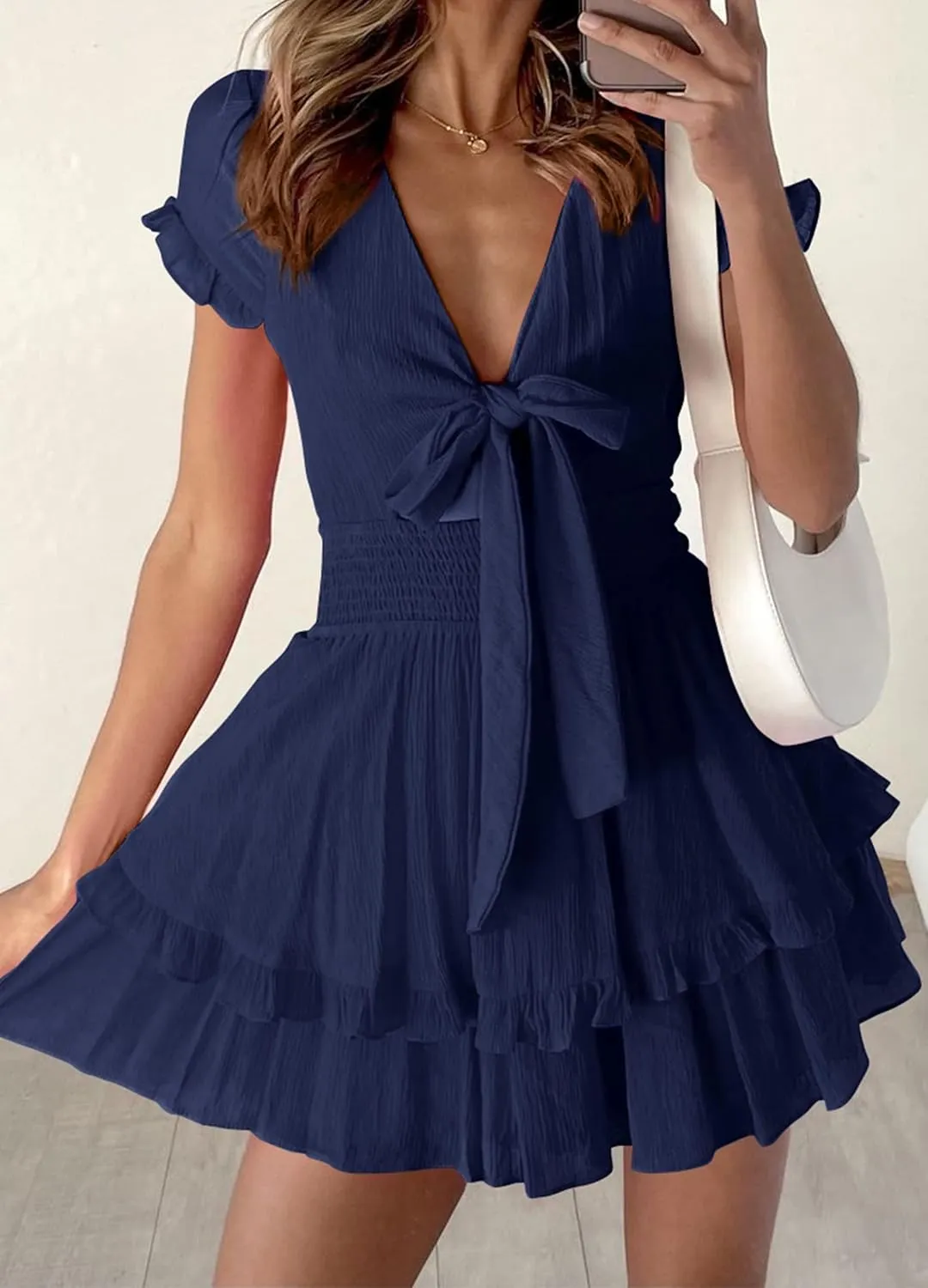 PRETTYGARDEN Women Summer Mini Short Dress 2025 Short Sleeve Casual Beach Vacation Sundress V Neck Tiered Sun Dresses