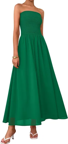 PRETTYGARDEN Women's Strapless Wedding Guest Dresses 2025 Summer Trendy Elegant Smocked Tube Top Maxi Long Flowy Sundress