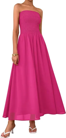 PRETTYGARDEN Women's Strapless Wedding Guest Dresses 2025 Summer Trendy Elegant Smocked Tube Top Maxi Long Flowy Sundress