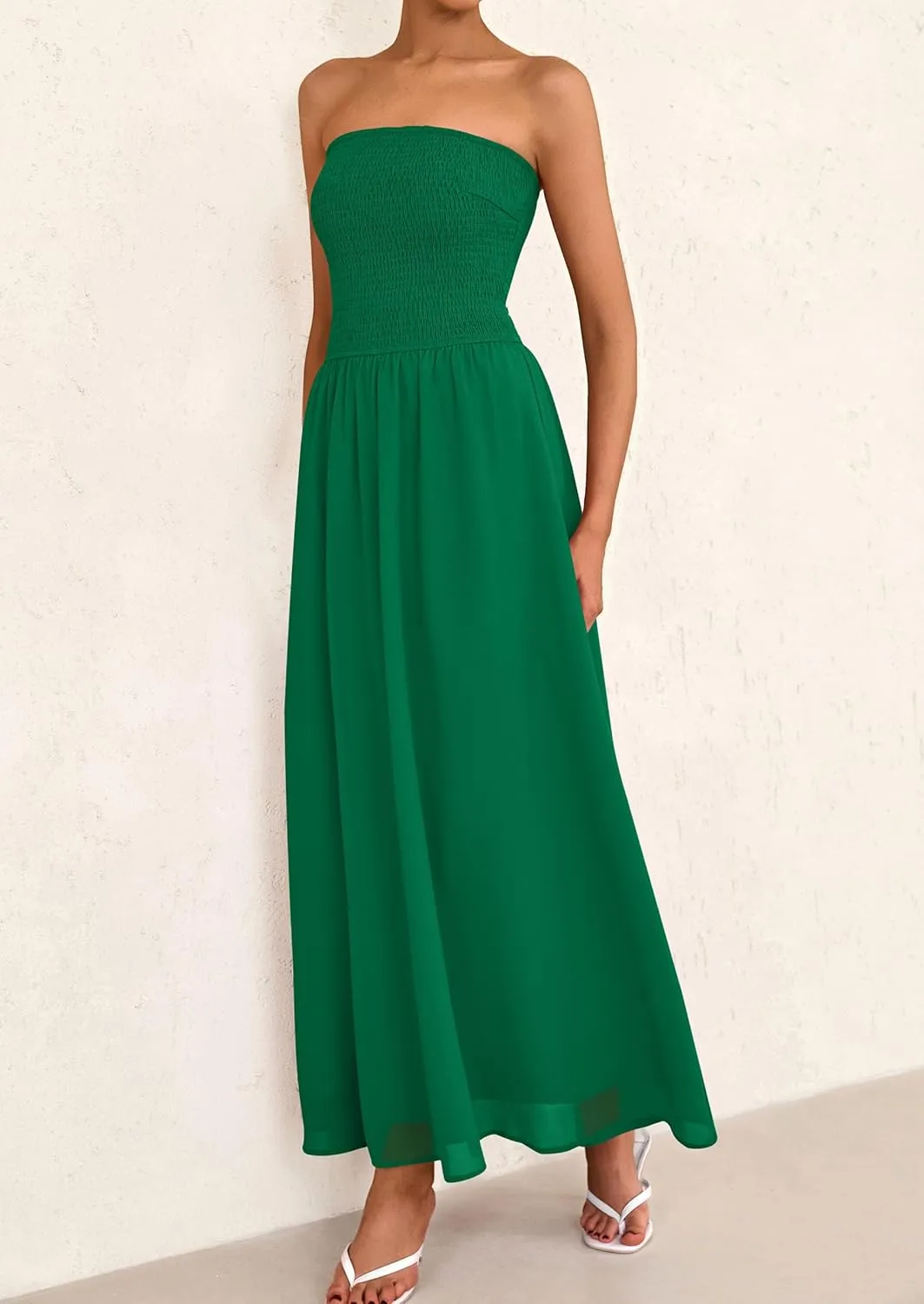 PRETTYGARDEN Women's Strapless Wedding Guest Dresses 2025 Summer Trendy Elegant Smocked Tube Top Maxi Long Flowy Sundress