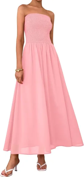 PRETTYGARDEN Women's Strapless Wedding Guest Dresses 2025 Summer Trendy Elegant Smocked Tube Top Maxi Long Flowy Sundress