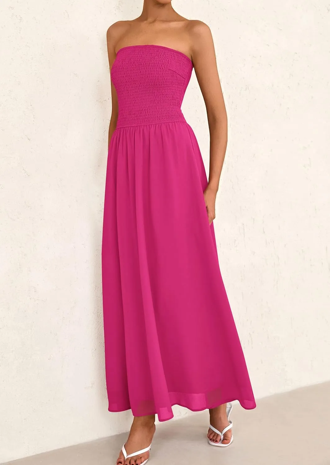 PRETTYGARDEN Women's Strapless Wedding Guest Dresses 2025 Summer Trendy Elegant Smocked Tube Top Maxi Long Flowy Sundress