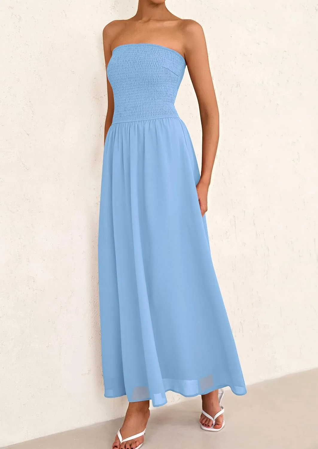 PRETTYGARDEN Women's Strapless Wedding Guest Dresses 2025 Summer Trendy Elegant Smocked Tube Top Maxi Long Flowy Sundress