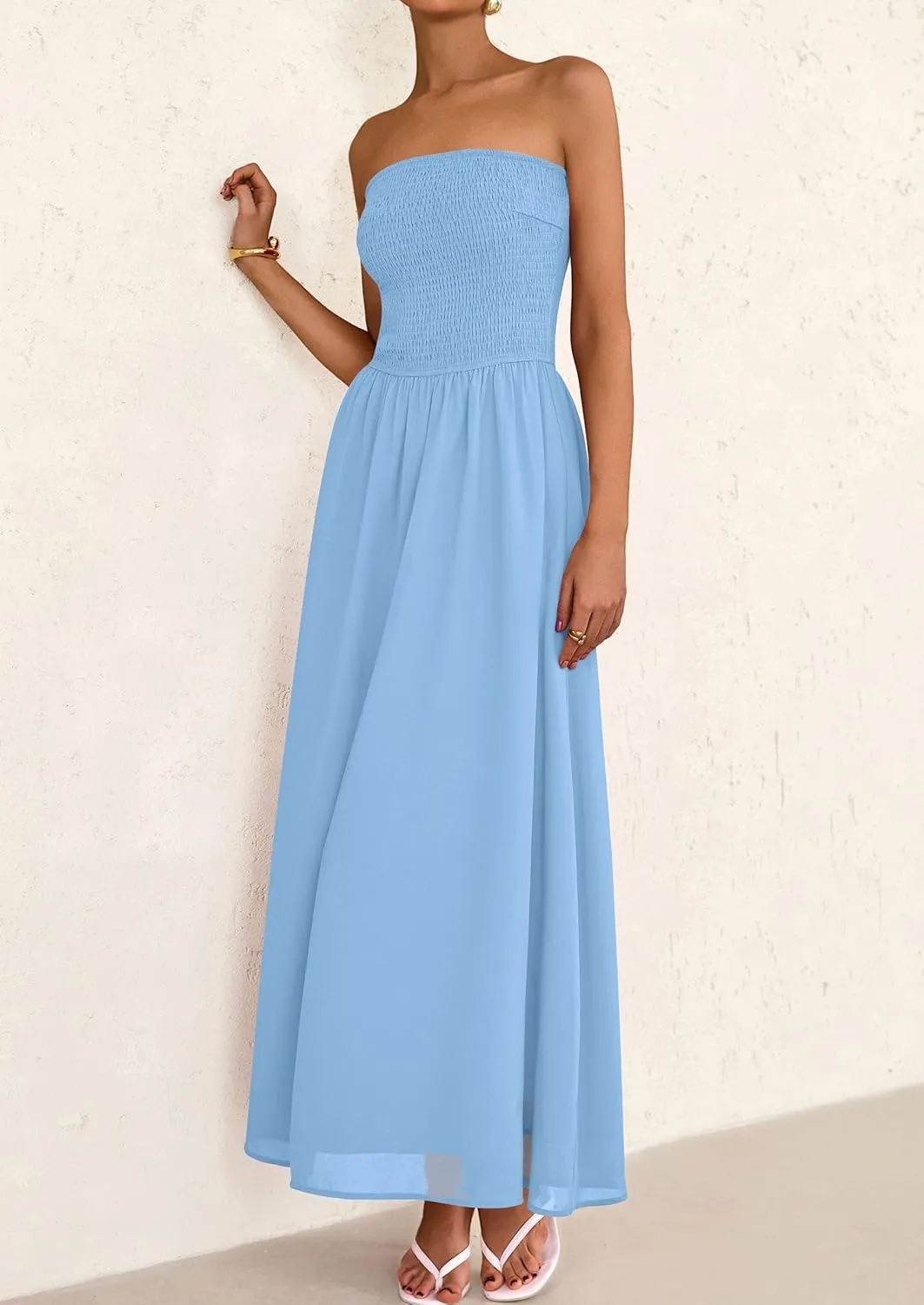 PRETTYGARDEN Women's Strapless Wedding Guest Dresses 2025 Summer Trendy Elegant Smocked Tube Top Maxi Long Flowy Sundress