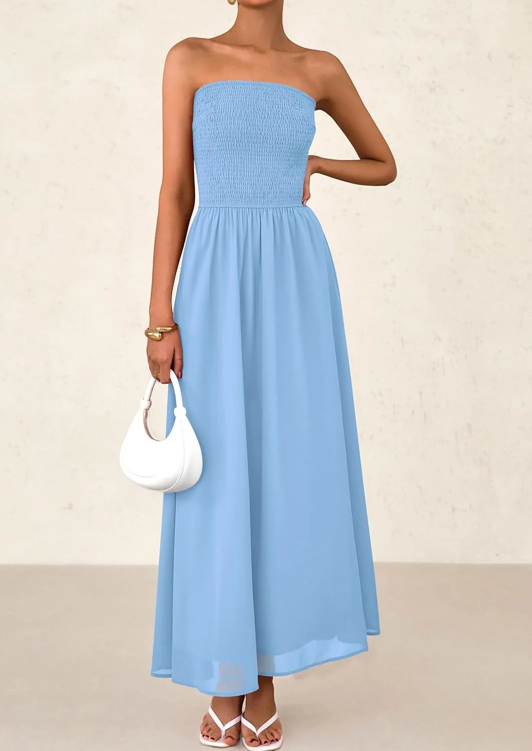 PRETTYGARDEN Women's Strapless Wedding Guest Dresses 2025 Summer Trendy Elegant Smocked Tube Top Maxi Long Flowy Sundress