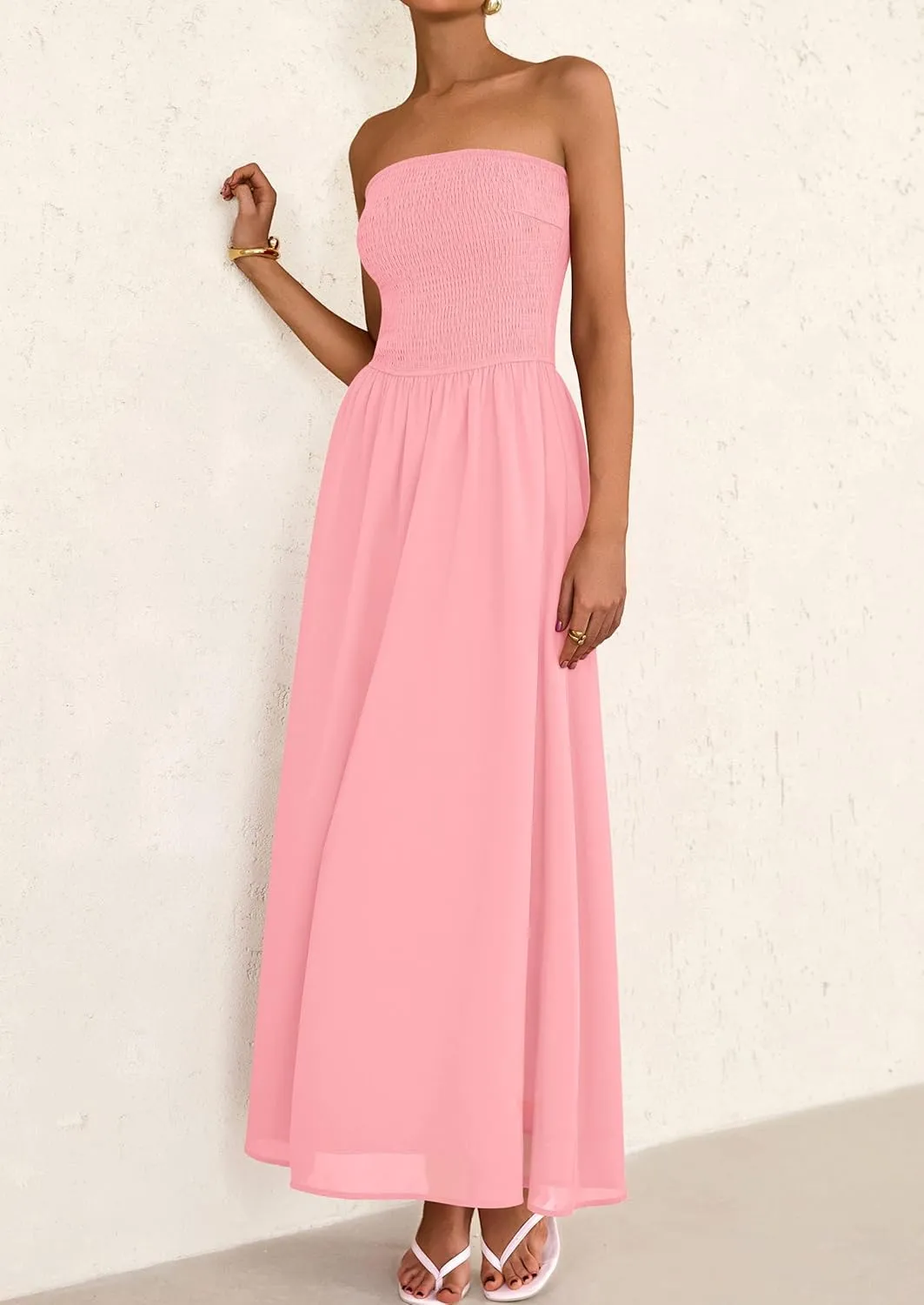 PRETTYGARDEN Women's Strapless Wedding Guest Dresses 2025 Summer Trendy Elegant Smocked Tube Top Maxi Long Flowy Sundress