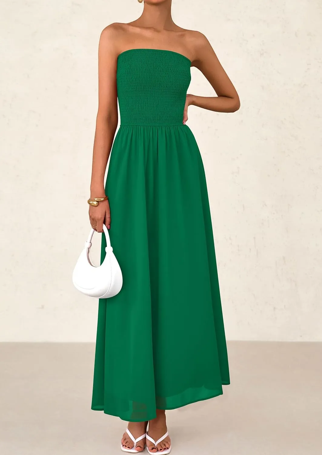 PRETTYGARDEN Women's Strapless Wedding Guest Dresses 2025 Summer Trendy Elegant Smocked Tube Top Maxi Long Flowy Sundress
