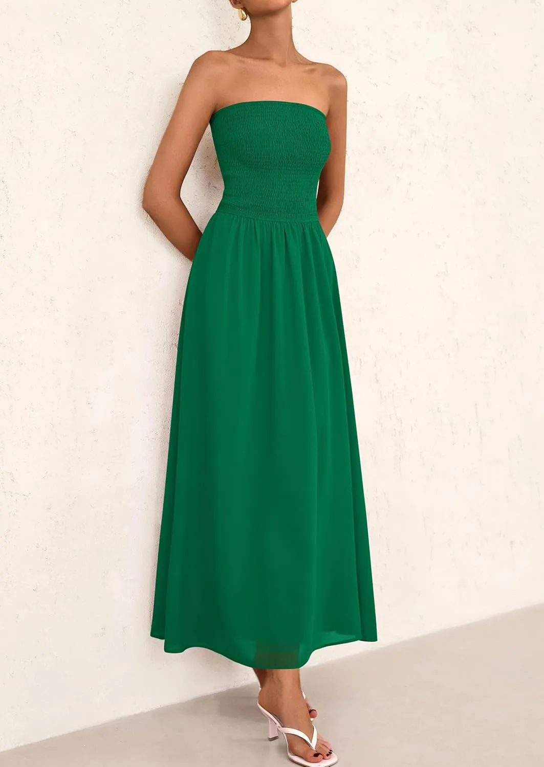 PRETTYGARDEN Women's Strapless Wedding Guest Dresses 2025 Summer Trendy Elegant Smocked Tube Top Maxi Long Flowy Sundress