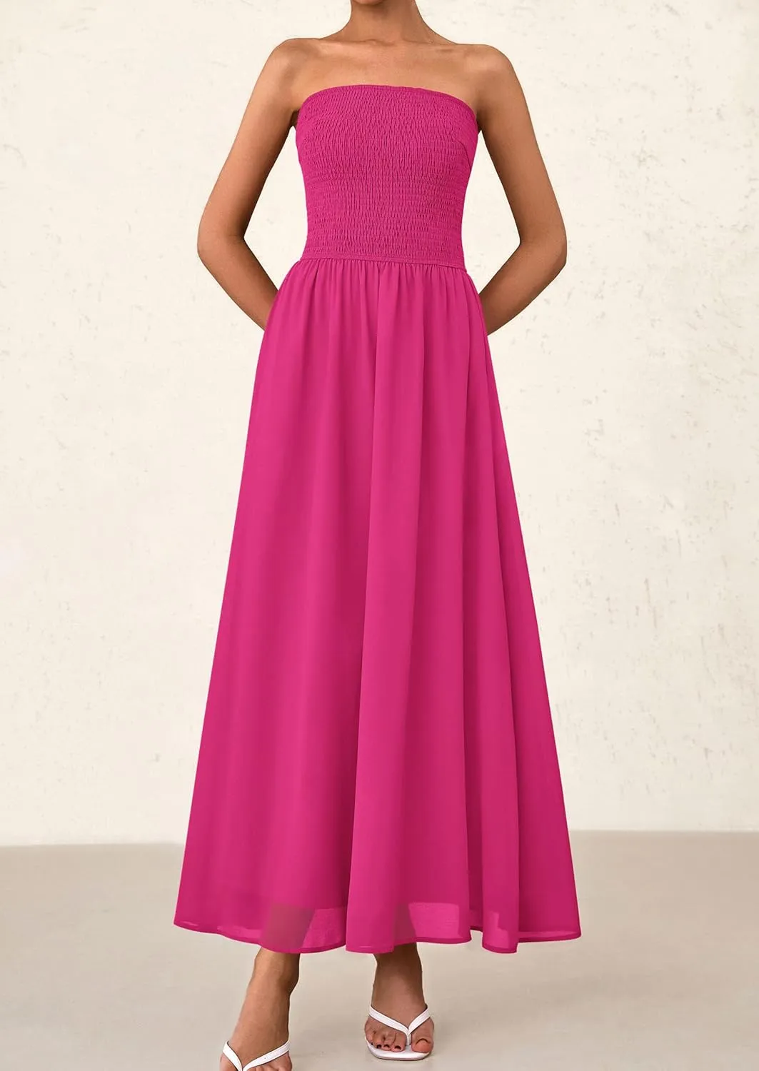 PRETTYGARDEN Women's Strapless Wedding Guest Dresses 2025 Summer Trendy Elegant Smocked Tube Top Maxi Long Flowy Sundress
