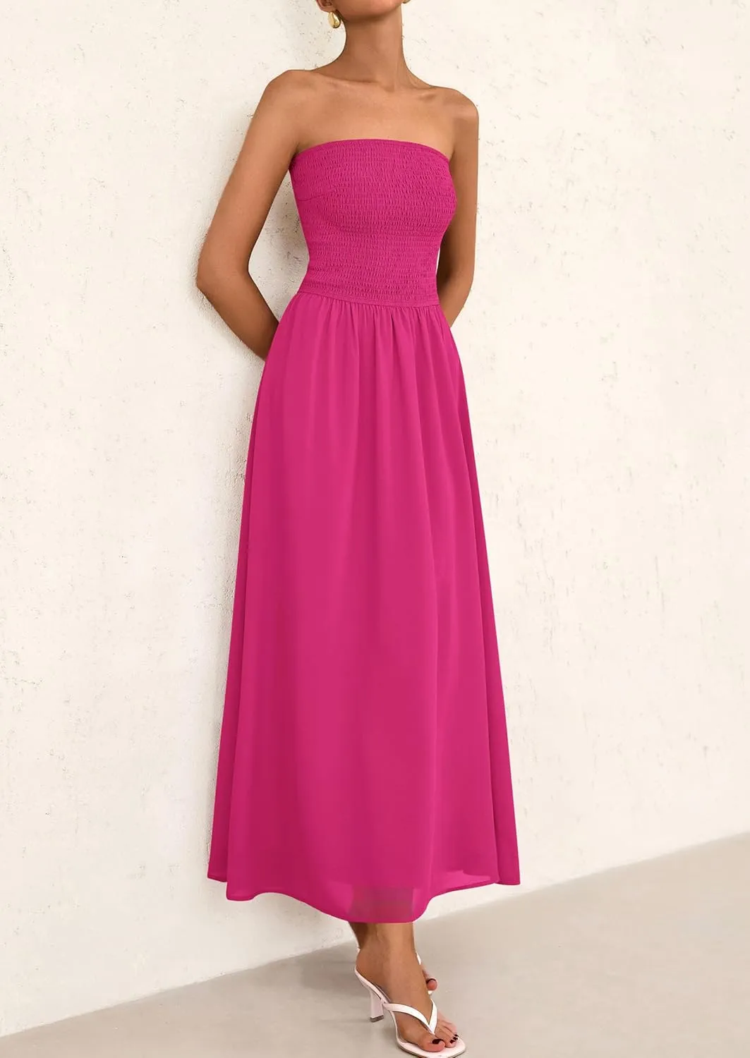 PRETTYGARDEN Women's Strapless Wedding Guest Dresses 2025 Summer Trendy Elegant Smocked Tube Top Maxi Long Flowy Sundress