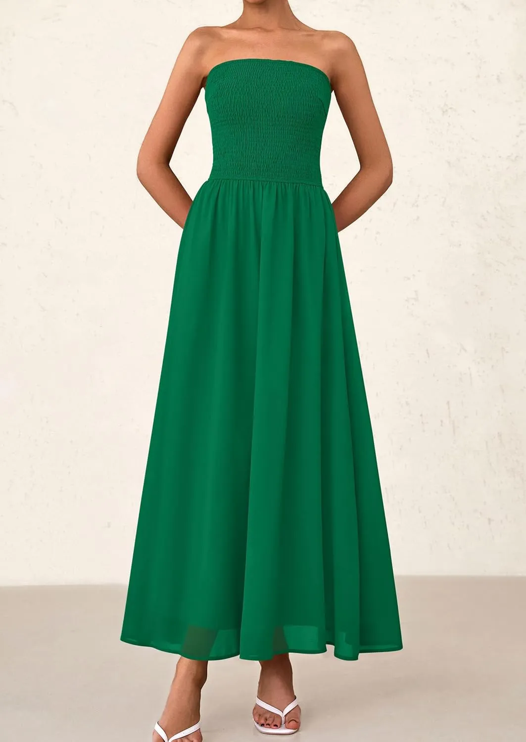 PRETTYGARDEN Women's Strapless Wedding Guest Dresses 2025 Summer Trendy Elegant Smocked Tube Top Maxi Long Flowy Sundress