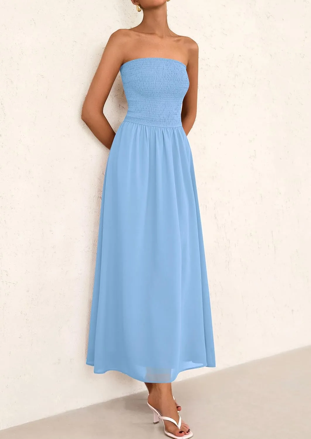 PRETTYGARDEN Women's Strapless Wedding Guest Dresses 2025 Summer Trendy Elegant Smocked Tube Top Maxi Long Flowy Sundress