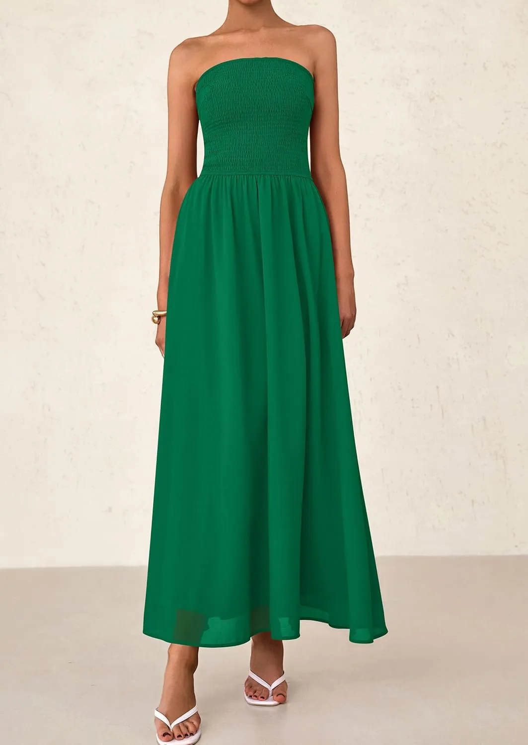 PRETTYGARDEN Women's Strapless Wedding Guest Dresses 2025 Summer Trendy Elegant Smocked Tube Top Maxi Long Flowy Sundress