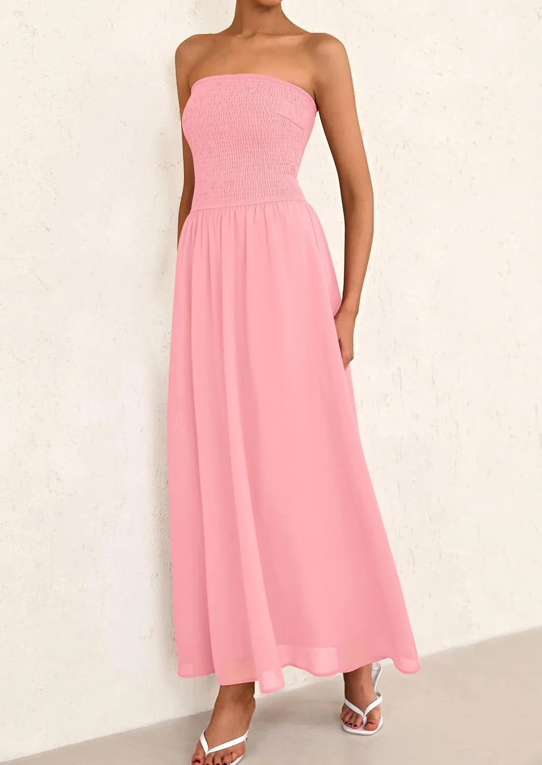 PRETTYGARDEN Women's Strapless Wedding Guest Dresses 2025 Summer Trendy Elegant Smocked Tube Top Maxi Long Flowy Sundress