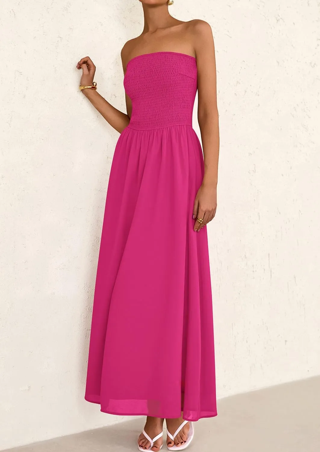 PRETTYGARDEN Women's Strapless Wedding Guest Dresses 2025 Summer Trendy Elegant Smocked Tube Top Maxi Long Flowy Sundress