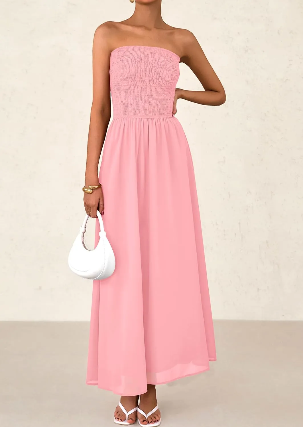PRETTYGARDEN Women's Strapless Wedding Guest Dresses 2025 Summer Trendy Elegant Smocked Tube Top Maxi Long Flowy Sundress